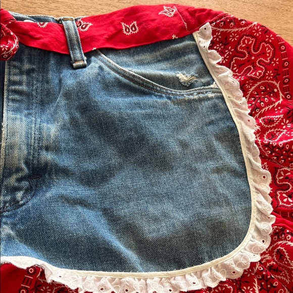 Handcrafted Red Bandana Denim Half Apron Skirt - Picture 2 of 4